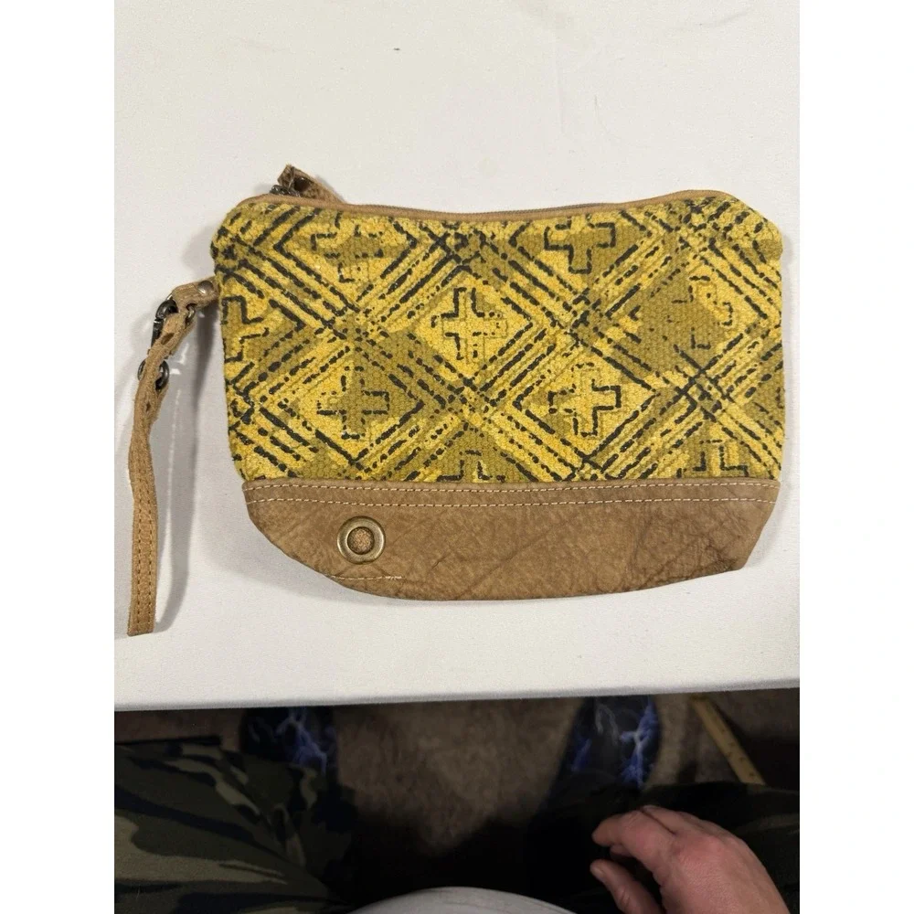 Myra Bag Leather Canvas‎ Wristlet Clutch Yellow Black Boho Geometric Pouch